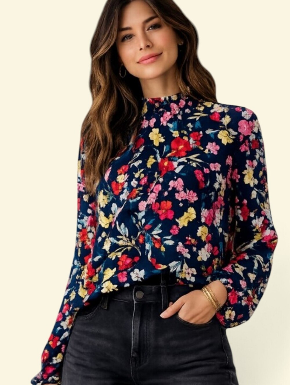 Vtg 90s Floral Black Long Gathered Neck Blouse Dark Academia Fairygrunge Sz M